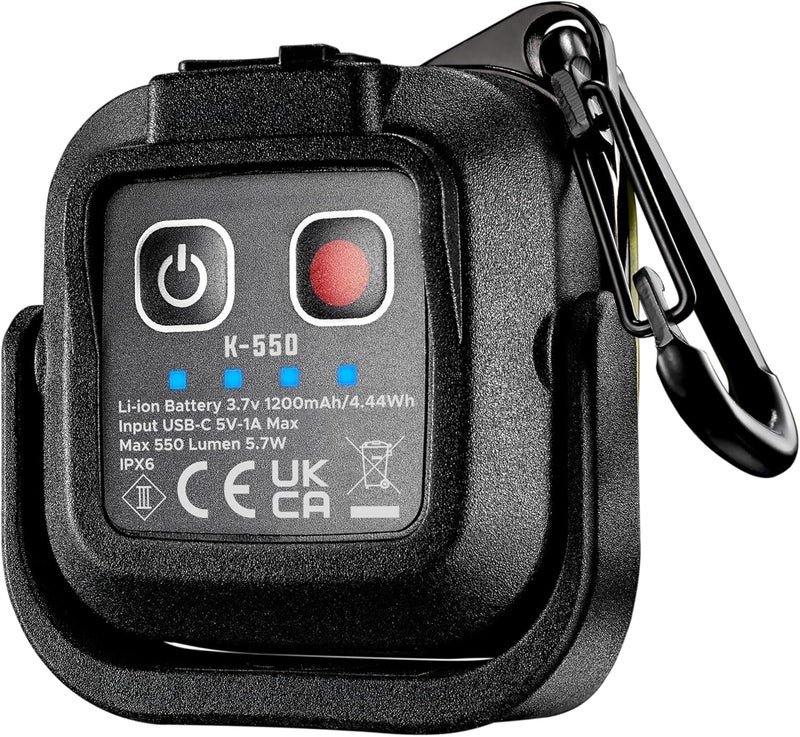 Unilite K-550 ضوء عمل مدمج صغير مع كارابينر | قابل للشحن عبر Type-C | 550 لومن | أبيض 6500 ك COB LED | 6 أوضاع إضاءة | قاعدة دوارة بزاوية 160˚ مع مغناطيس قوي | مقاوم للماء IPX6 - Image 4